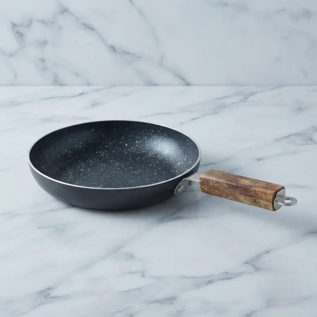 Non-Stick Aluminum Frying Pan with Heat-Resistant Wooden Handle - Silver/Aluminum Fry Pan
