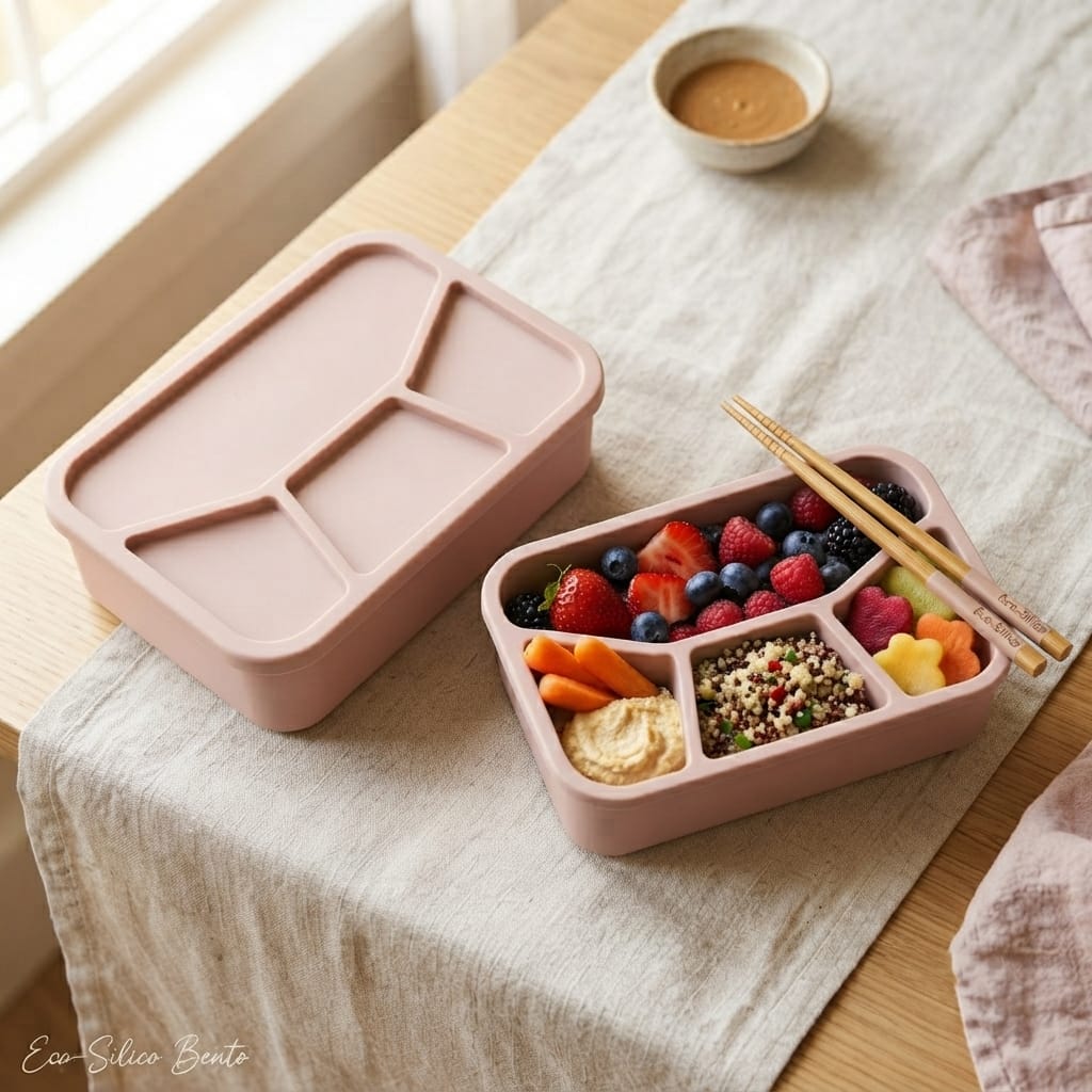 Four compartments silicone lunch box, food storage box. kids, adults, school office college use. traveling.