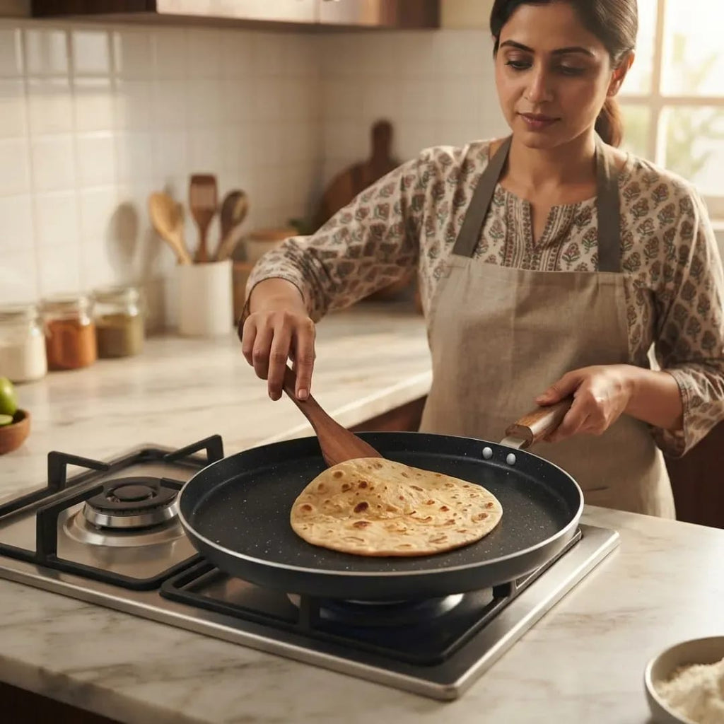 Non-Stick Aluminum/Silver Hot Plate, Deep Tawa With Wooden Handle