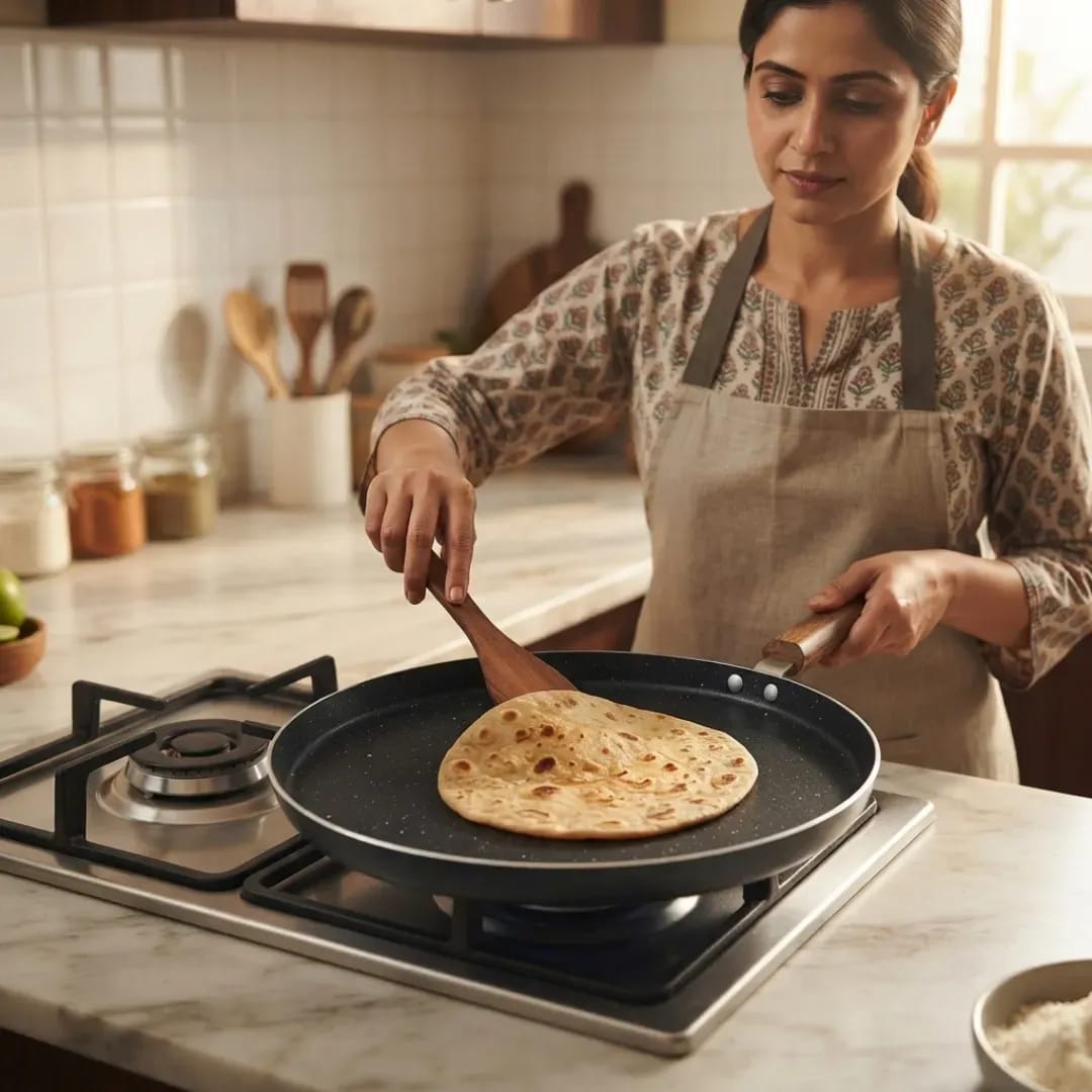Non-Stick Aluminum/Silver Hot Plate, Deep Tawa With Wooden Handle