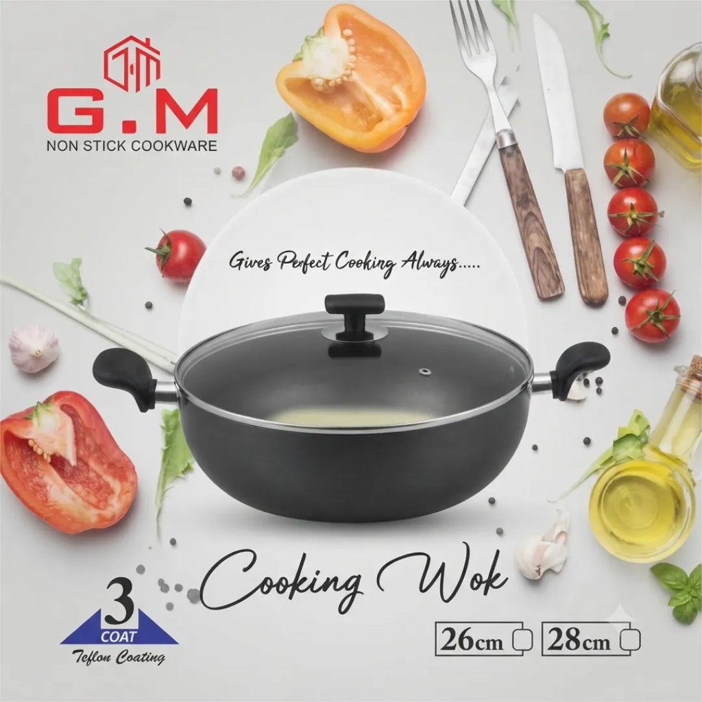 Premium Aluminum Wok. KARAHI. non-stick with glass lid.