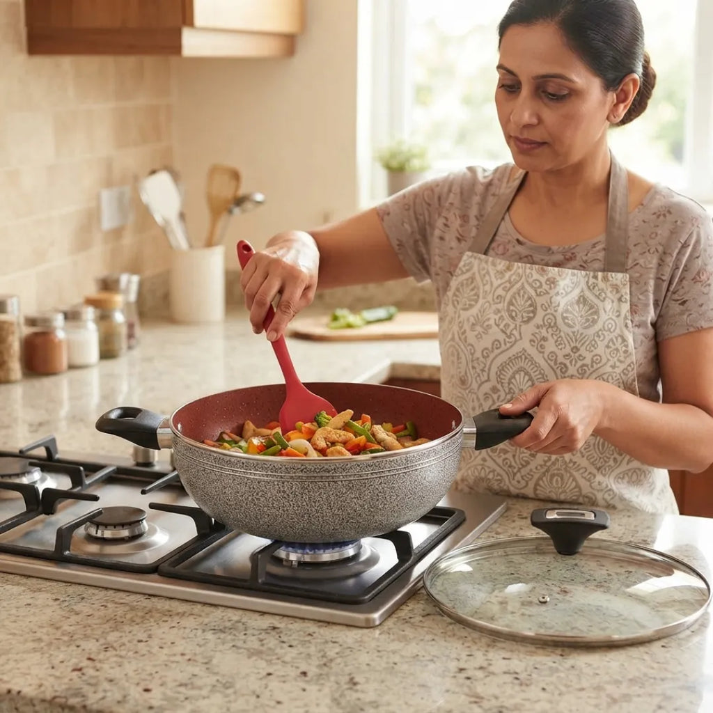 Premium Aluminum Wok. KARAHI. non-stick with glass lid.