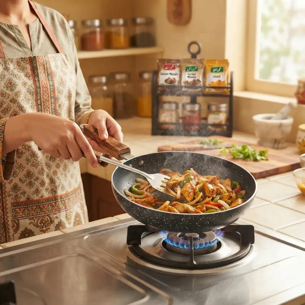 Non-Stick Aluminum Frying Pan with Heat-Resistant Wooden Handle - Silver/Aluminum Fry Pan