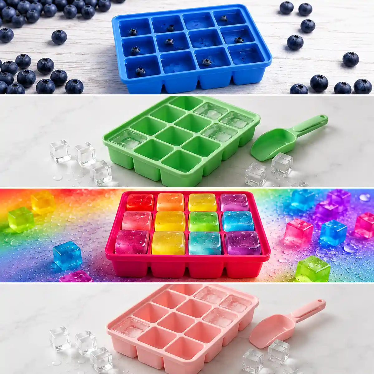4-Piece Square Ice Cube Tray Bundle – Reusable Silicone Ice Molds