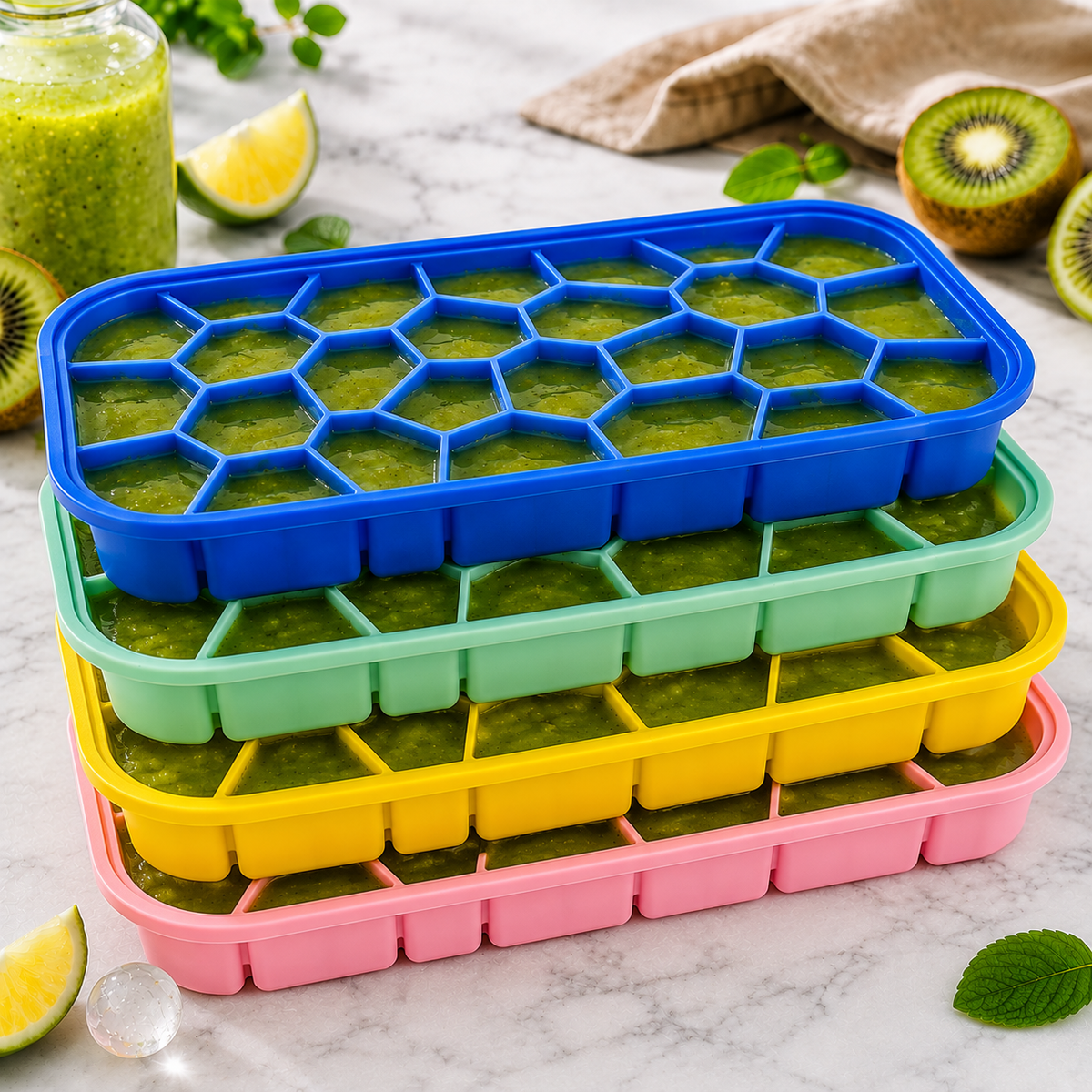4-Piece Matrix Ice Cube Tray Bundle – Reusable Silicone Ice Molds