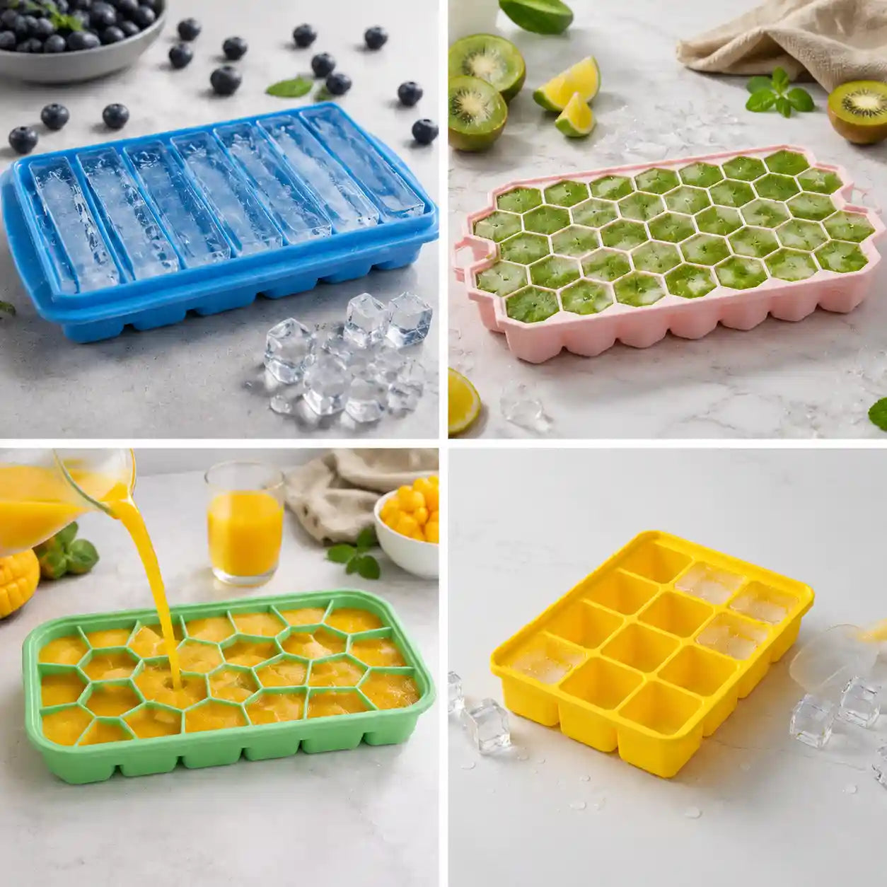 4-Piece Silicone Ice Cube Tray Bundle – 4 Designs With Sorted Colors