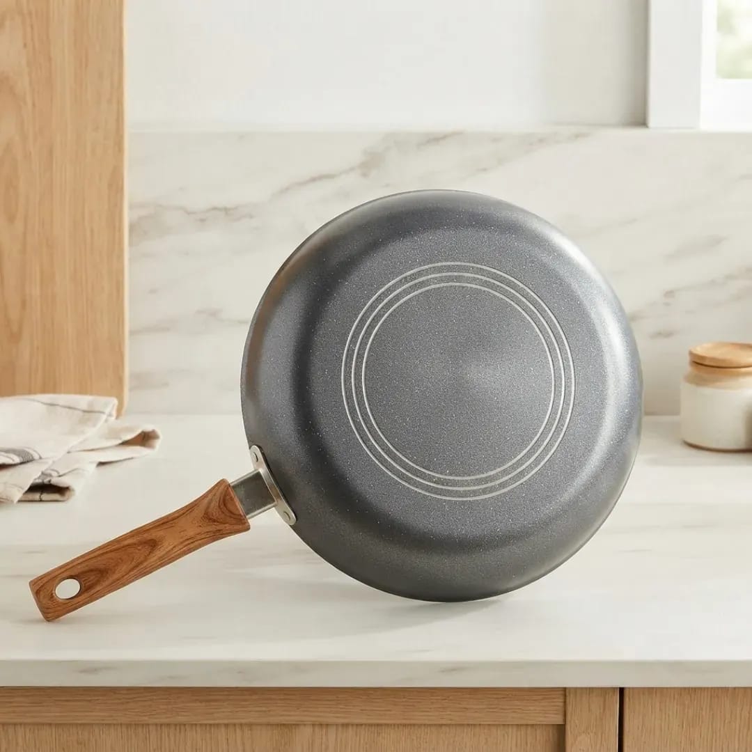 Non-Stick Aluminum Frying Pan with Heat-Resistant Wooden Handle - Silver/Aluminum Fry Pan