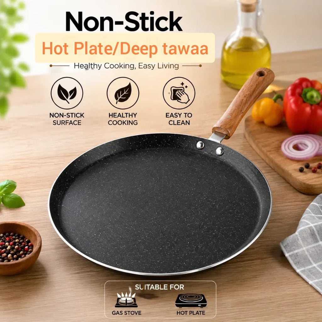 Non-Stick Aluminum/Silver Hot Plate, Deep Tawa With Wooden Handle