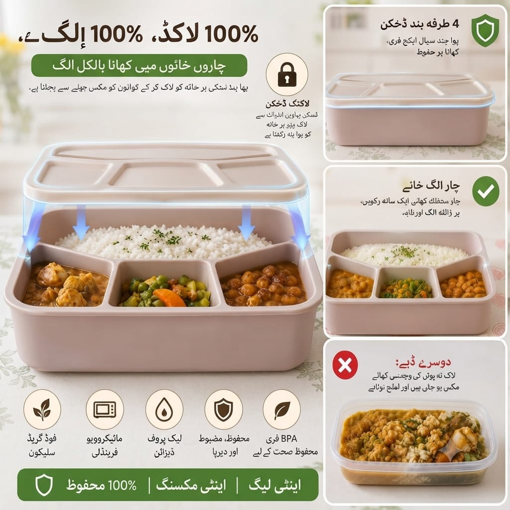 Four compartments silicone lunch box, food storage box. kids, adults, school office college use. traveling.