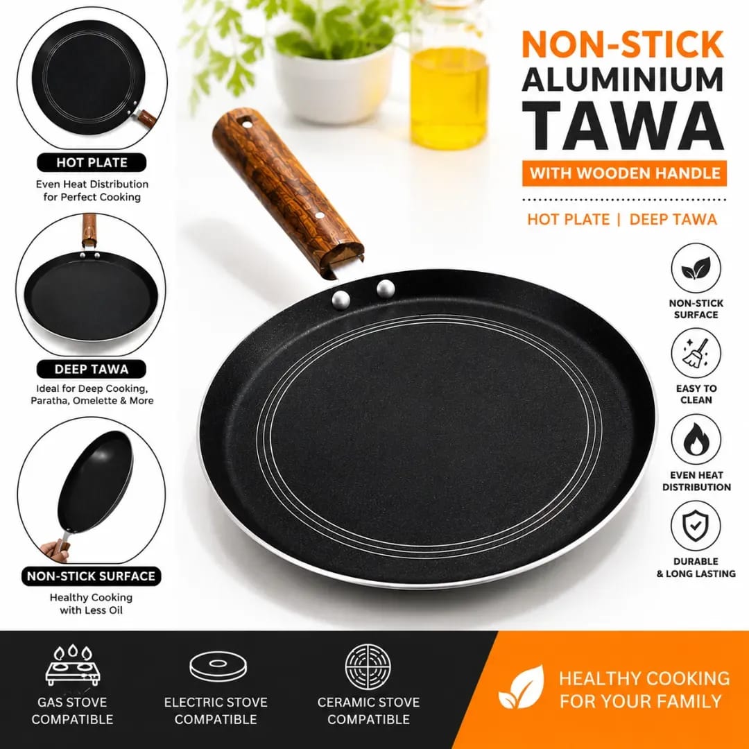 Non-Stick Aluminum/Silver Hot Plate, Deep Tawa With Wooden Handle