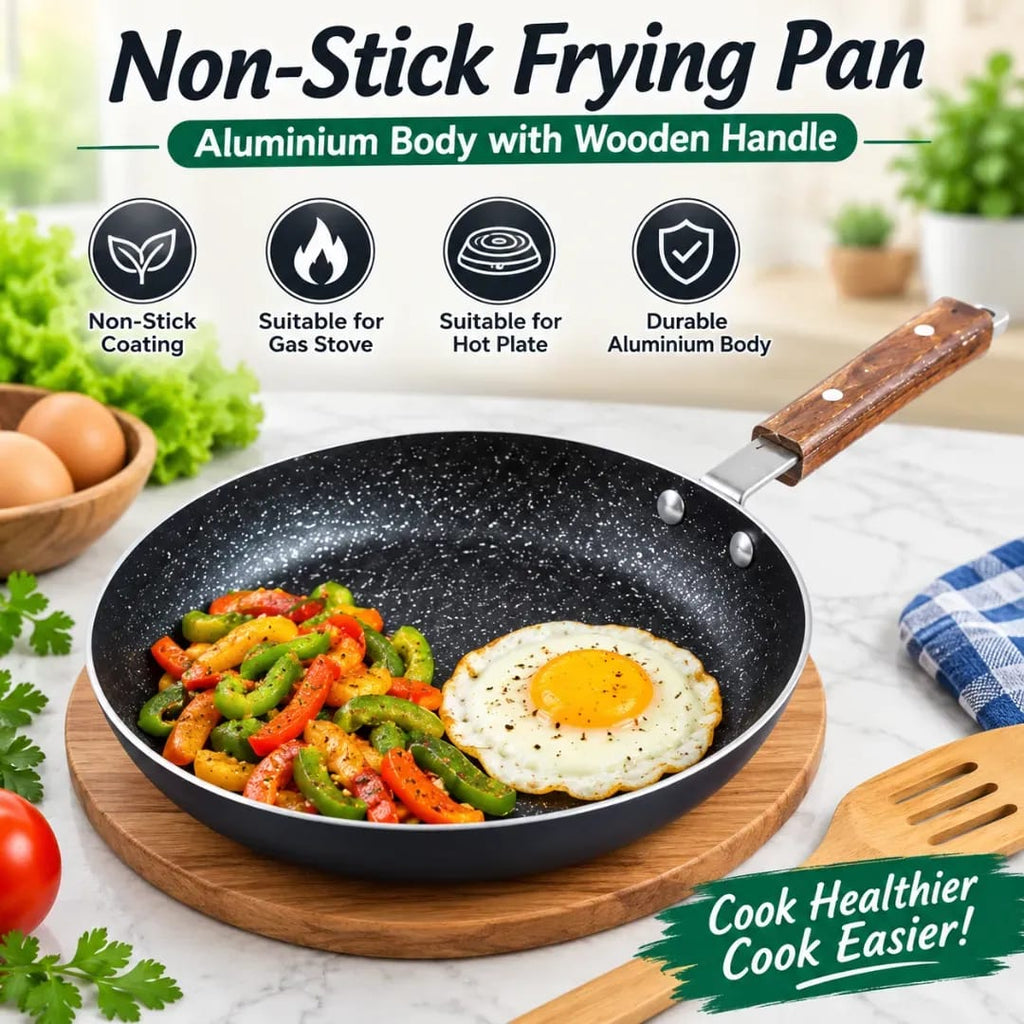 Non-Stick Aluminum Frying Pan with Heat-Resistant Wooden Handle - Silver/Aluminum Fry Pan