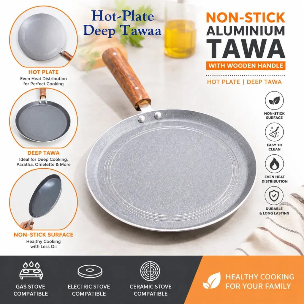 Non-Stick Aluminum/Silver Hot Plate, Deep Tawa With Wooden Handle