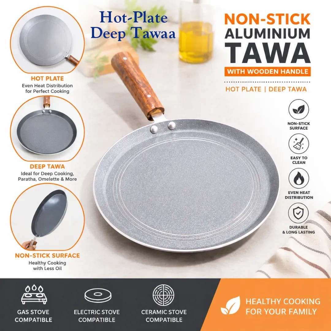 Non-Stick Aluminum/Silver Hot Plate, Deep Tawa With Wooden Handle