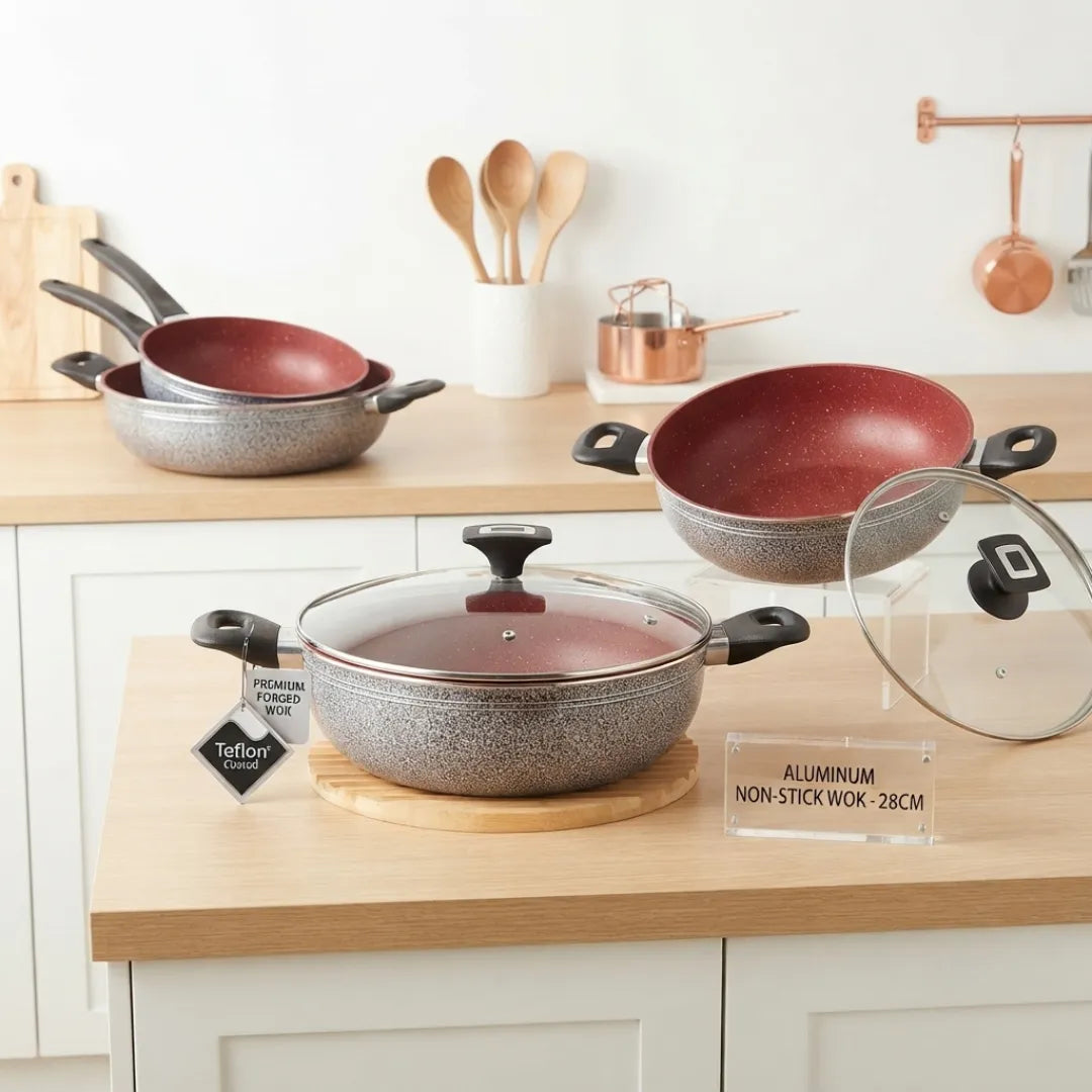 Premium Aluminum Wok. KARAHI. non-stick with glass lid.